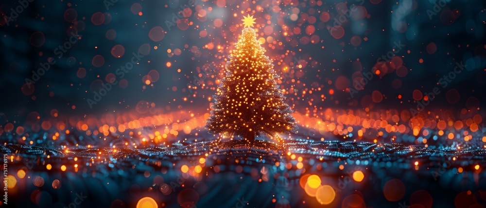 Poster Merry Christmas greetings card with Christmas tree in computer technology style. Template Christmas cards with digital technology style.