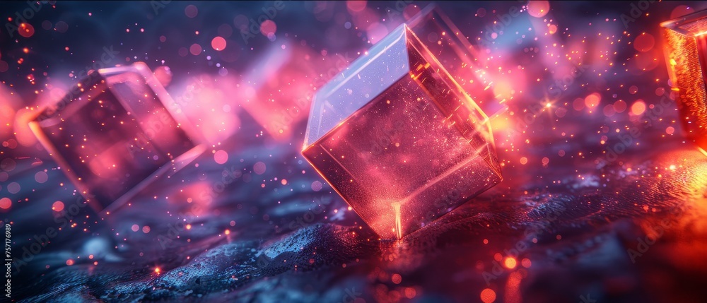 Poster Modern abstract technology banner in a futuristic style with 3D geometric shapes floating in the air in 3D space.