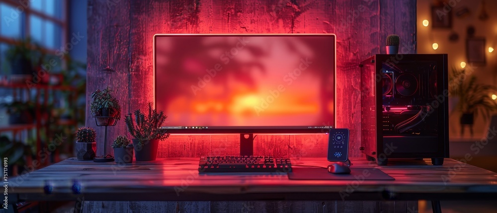 Poster Dark game console computer with a neon-lit case and an empty monitor on the desk. Computer with a blank screen. Gaming rig with LED lights.