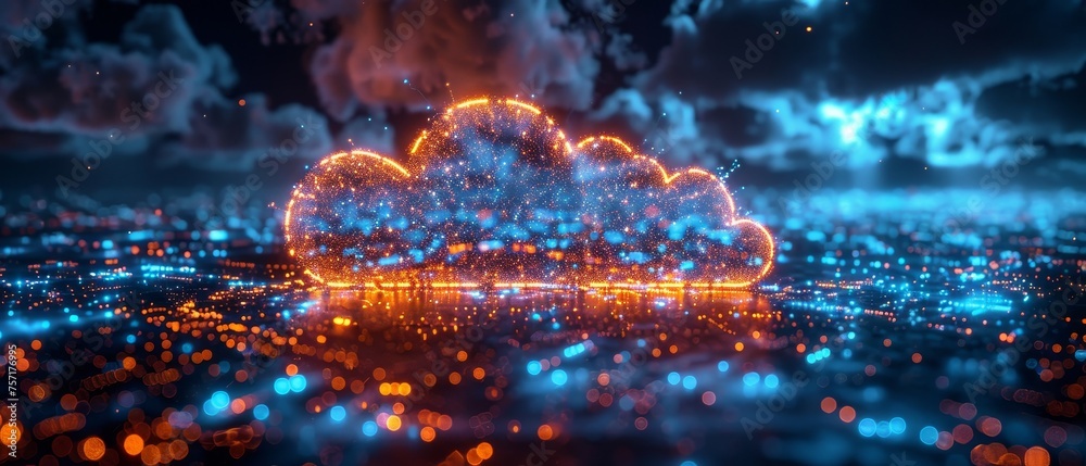 Poster Data transfer from cloud storage to company network. Cloud services. Downloading and uploading data from the internet. Digital cloud icon over smart city. Technology IoT.