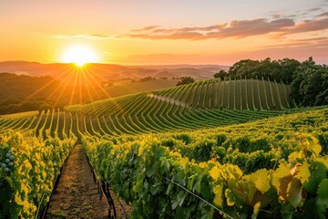 Sun Setting Over Vineyard, Tranquil Image of Natures Beauty Captured in the Golden Hour, A lush...