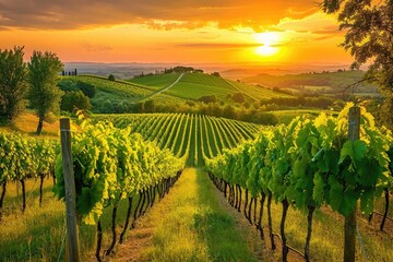 Capture the stunning beauty of a vineyard at dusk, with the sun casting a warm glow across the...