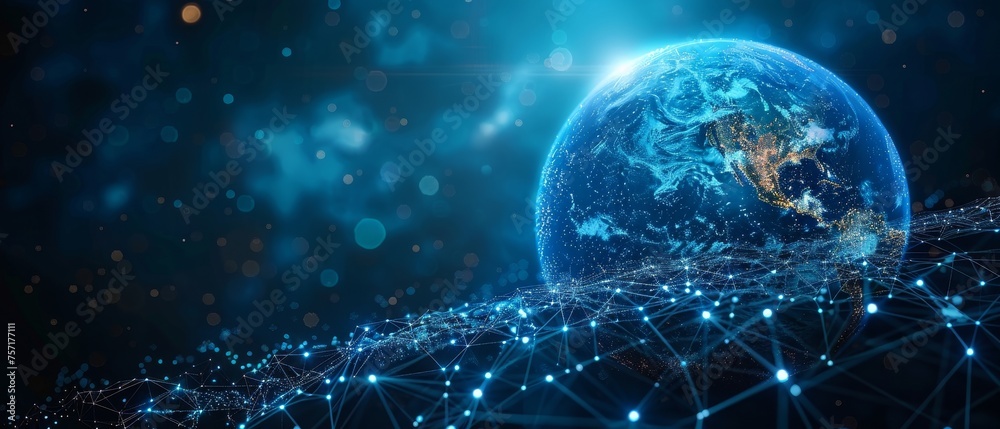 Aufkleber The abstract polygonal space low poly planet Earth is connected to the rest of the solar system with dots and lines. A futuristic  illustration showing earth's connection structure in a