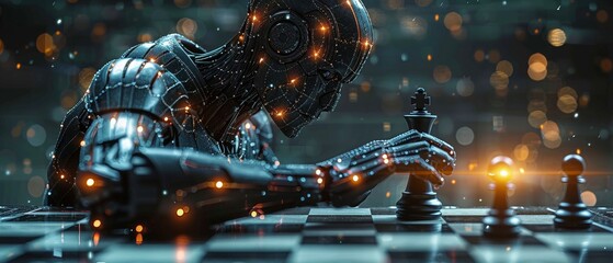 Wins of AI, chess strategy, digital manager, business competition, innovation challenge, AI assistant, political checkmate, technological success. - obrazy, fototapety, plakaty