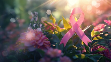 Glowing Pink Ribbon of Hope Among Blooms - Symbolizing Cancer Awareness - Generative AI