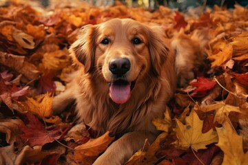Golden Retriever Dog Sitting in Autumn Leaves