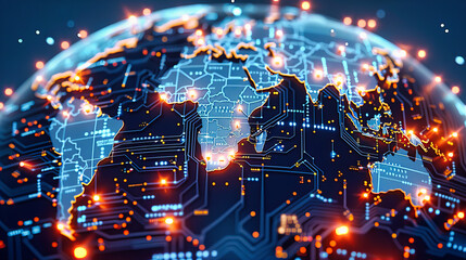 Global Networking and Communication Technology, Digital Earth with Modern Connection Lines, Blue Abstract Background