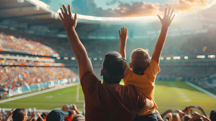 Father and his Cute son cheering and enjoying soccer sports match in stadium