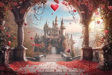 Castle Surrounded by Roses, Majestic Painting of a Medieval Stronghold in a Sea of Blooms, A magical fairy-tale castle backdrop for a Valentine's Day scene, AI Generated - obrazy, fototapety, plakaty