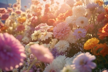 Soft pastel-toned flowerbed of blooming flowers