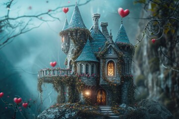 A magical scene of a fairy castle with red hearts floating in the air, creating an enchanting and whimsical atmosphere, A magical fairy-tale castle backdrop for a Valentine's Day scene, AI Generated - obrazy, fototapety, plakaty