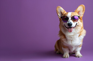 Corgi dog wearing stylish sunglasses on purple background. Canine fashion portrait with space for text. Pet care and lifestyle concept