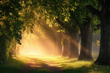 A peaceful and idyllic scene of a dirt road winding through a lush green landscape of trees and grass, A magical light filtering through an alley of dense linden trees in a park, AI Generated - Powered by Adobe
