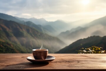 Espresso Coffee Cup with Beans on a Wooden Table with a View of a Mountain Range - obrazy, fototapety, plakaty