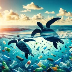 With each graceful stroke of their flippers, the sea turtles encounter obstacles of human creation, underscoring the detrimental impact of plastic waste on marine ecosystems. - obrazy, fototapety, plakaty