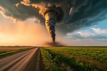 Witness the awe-inspiring sight as a massive tornado forms and emerges from a gigantic cloud, A majestic tornado forming over calm farmlands, AI Generated