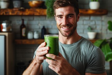 A man stands with a glass of green smoothie in hand, A man proudly posing with his green smoothie, AI Generated