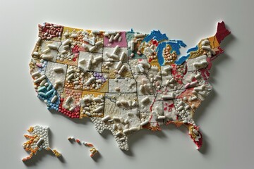 A unique map of the United States crafted entirely from colorful beads, A map showing the rampant spread of the opioid crisis, AI Generated