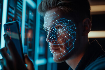 Authentication by facial recognition concept. Biometric. Security system. Business man scanning his face by smart phone to unlock and accessing personal data. Concept of data protection. - obrazy, fototapety, plakaty