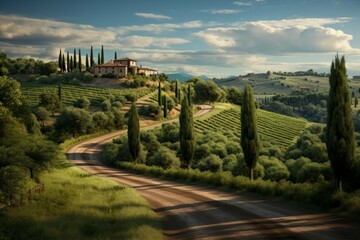 A winding road lined with cypress trees, leading to a distant Tuscan villa, surrounded by rolling hills and lush green vineyards