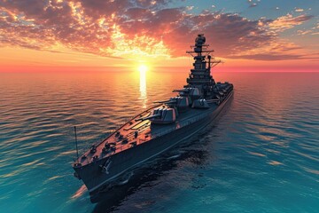 A massive ship sails effortlessly atop a vast body of water, showcasing its impressive size and power, A massive and fearless battleship cruising on a crystal clear ocean during sunset, AI Generated
