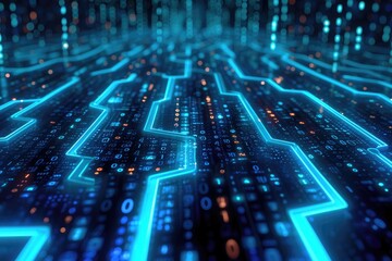 Vibrant blue and black background featuring numerous dots, ideal for design and art projects, A maze constructed from paths of binary code, AI Generated