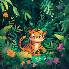 Playful Tiger in Vibrant Jungle Scene Digital Illustration Artwork