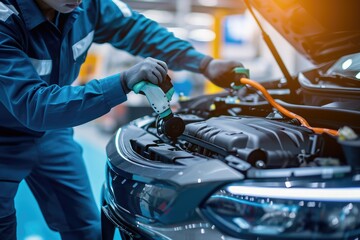 A man is seen working on a car engine in a garage, focused and determined, A mechanic working on an electric car's engine, AI Generated