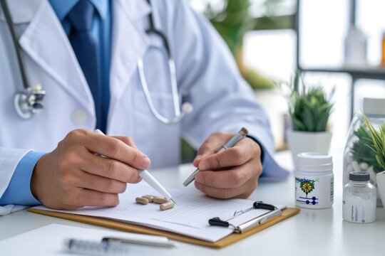 A doctor efficiently completes medical examination documentation and record-keeping by writing on a clipboard using a pen, A medical professional prescribing opioids, AI Generated