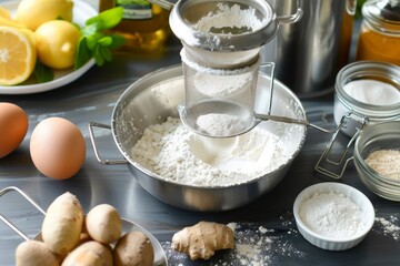 tandem sifting flour into a bowl, surrounded by ingredients