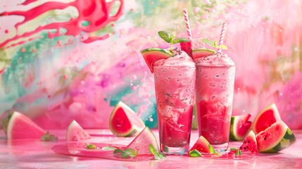 Two glasses of watermelon drink with straws and slices of watermelon