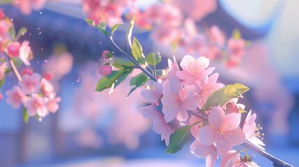 Blushing peach blossoms drifting on a gentle breeze, a fleeting moment of delicate beauty.