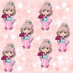 Cute cartoon little girl in anime style wearing a pink kimono on a pink background seamless pattern. Vector illustration design print for t-shirt