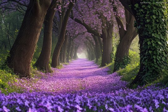A scenic path adorned with vibrant purple flowers blooming on the trees, creating a picturesque and enchanting atmosphere, A mesmerizing tree alley with a carpet of violets blooming, AI Generated