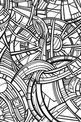 Intricate black and white design with varied geometric shapes and flowing lines, creating a mesmerizing visual maze