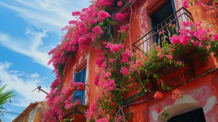 Cascades of vibrant bougainvillea spilling over terracotta walls, a riot of color against the azure sky.