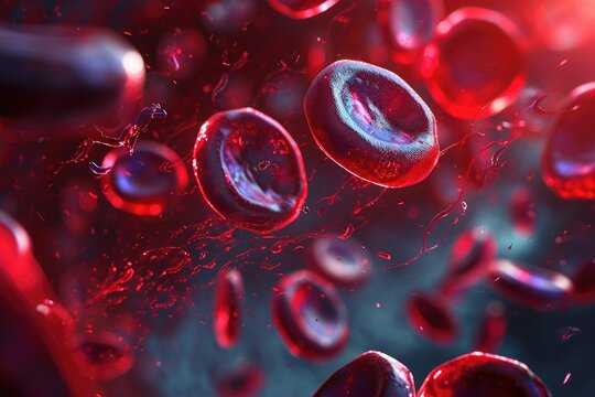 A mesmerizing image capturing the remarkable sight of multiple red blood cells suspended in mid-air, A microscopic view of blood cells given a futuristic, sci-fi visual style, AI Generated
