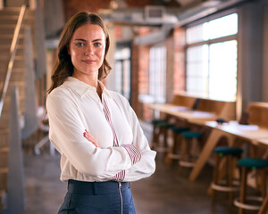 Portrait Of Young Businesswoman With Serious Expression Working In Modern Open Plan Office  - 757179129