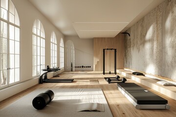 A bright room filled with natural light from multiple windows, featuring a yoga mat on the floor, A minimalist gym with a focus on function and space, AI Generated