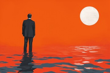 A stunning painting depicting a man bravely standing in the center of a vast body of water, A minimalist interpretation of a financial crisis, AI Generated