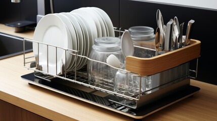 Modern Stainless Steel Dish Rack with Drip Tray - obrazy, fototapety, plakaty