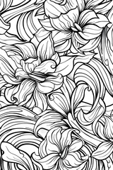 Beautiful monochrome illustration showcasing bold, large flowers with detailed petals and lush leaves