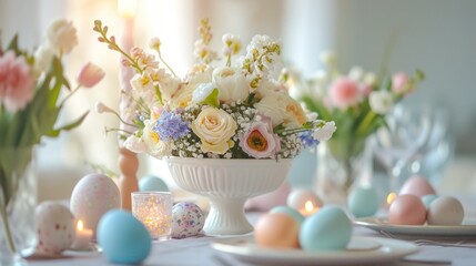 Pastel Easter Table Setting with Spring Flowers