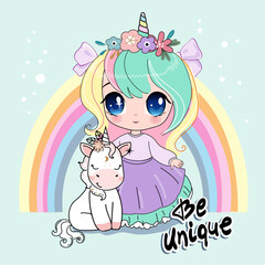 Cute cartoon little girl in anime style with unicorn and rainbow. Vector illustration chibi fairy girl for children t-shirt print