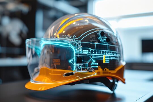Hard Hat With Safety Goggles for Enhanced Head Protection at Construction Sites, A modern construction helmet with heads up display (HUD) technology, AI Generated
