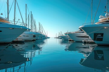 A picturesque scene featuring a multitude of boats floating and docked on serene waters, A modern...