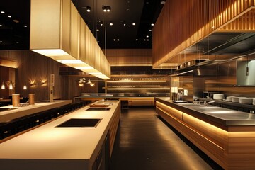 A restaurant with a long counter and plenty of counter space, creating a spacious and inviting dining area, A modern minimalist design of an empty restaurant kitchen, AI Generated