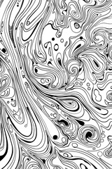Complex array of swirling lines and droplet shapes forming a mesmerizing black and white pattern