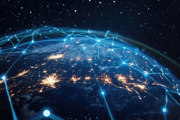 Nighttime View of Earth From Space, A Beautiful Snapshot of the World at Night, A modernized globe monitored and maintained by blockchain technology, AI Generated