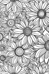 A detailed illustration of various flowers and botanical elements in a stark black and white pattern